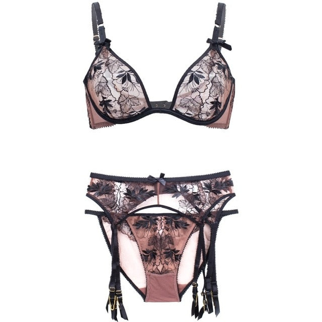 TERMEZY Women Underwear Lingerie Set Sexy Bra Brief Sets Push up Transparent Lace Embroidery Unlined Thin Lingerie porno