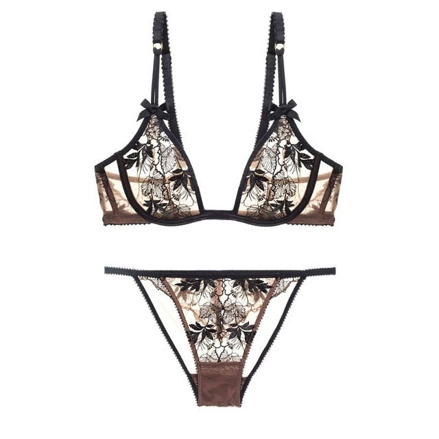 TERMEZY Women Underwear Lingerie Set Sexy Bra Brief Sets Push up Transparent Lace Embroidery Unlined Thin Lingerie porno