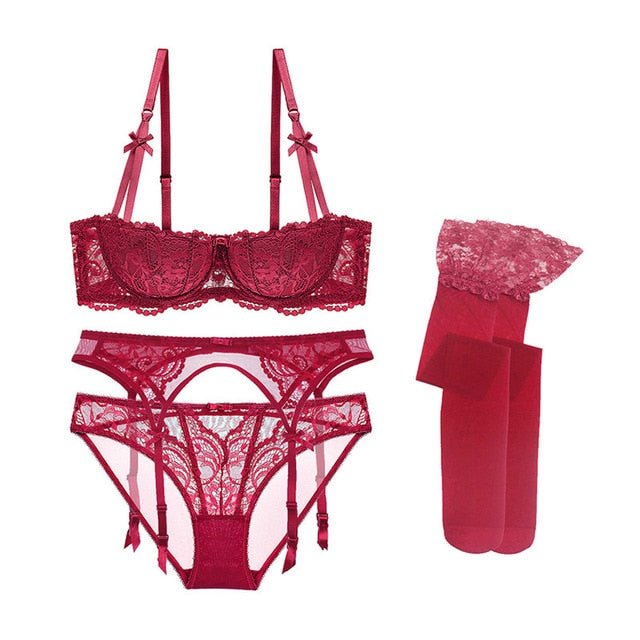 Varsbaby sexy lace push up underwear set half cup bra+panties+garter+stockings