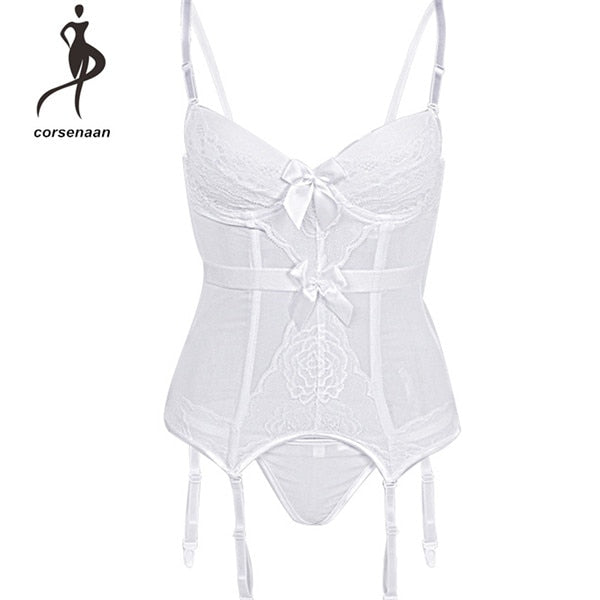 Adjustable Straps Sexy Lingerie Women Underwear Transparent Lace Bra Corset Padded Bustier With Suspenders Size S-2XL 944#
