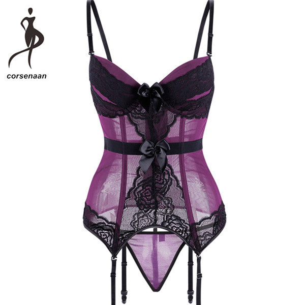 Adjustable Straps Sexy Lingerie Women Underwear Transparent Lace Bra Corset Padded Bustier With Suspenders Size S-2XL 944#