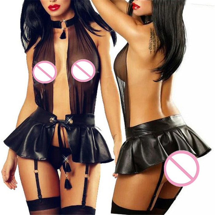 Black Latex Erotic Dress Porno Lenceria Sexy Role Play Baby Doll Sexy Lingerie For Women Open Crotch Sexy Costumes Sex Underwear