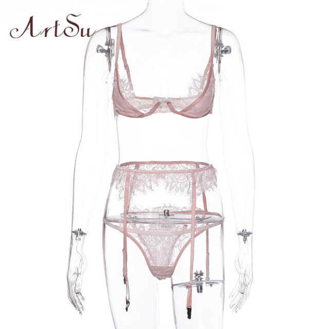 ArtSu Straps Pink Lace Bra And Panty Set Sexy Skinny Intimates Lingerie Set Women Bralette Lace Brief Set Bathing