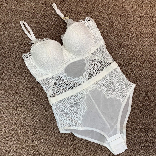 TERMEZY Sexy Lace Bustier and Corset Women 2019 Hollow Out Lace Bodysuit Halter Jumpsuit Charming Lingerie Gothic Corset