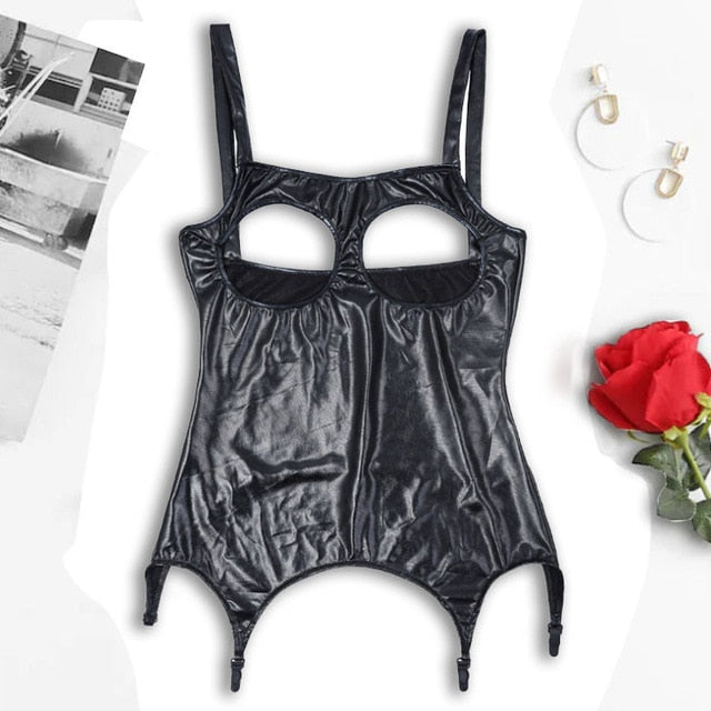 Plus Size XXXXL PU Teddy Lingerie Sexy Underwear Open Bra Sleepwear Women Porno Erotic Garter Langerie Costumes Lenceria mujer