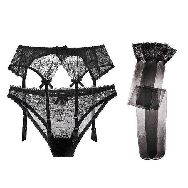 Varsbaby sexy see-through floral lace underwear 3pcs garters+panties+stockings S M L XL for ladies