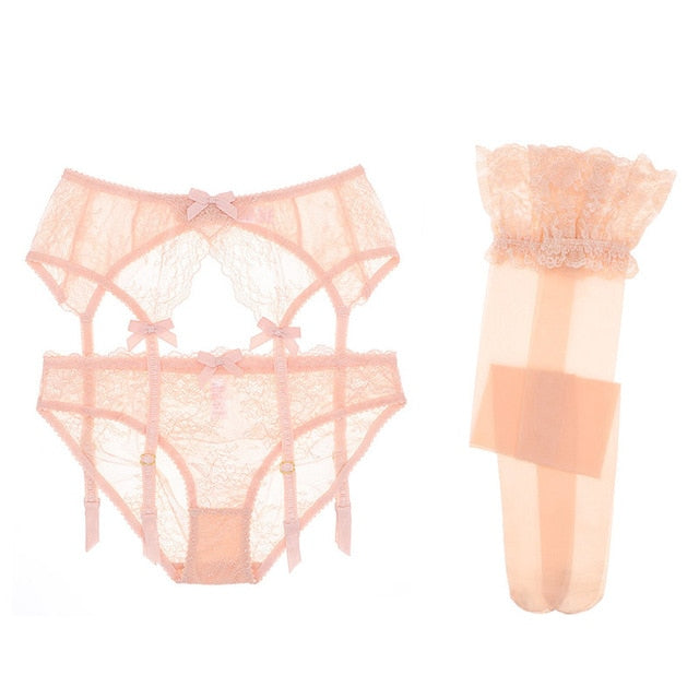 Varsbaby sexy see-through floral lace underwear 3pcs garters+panties+stockings S M L XL for ladies