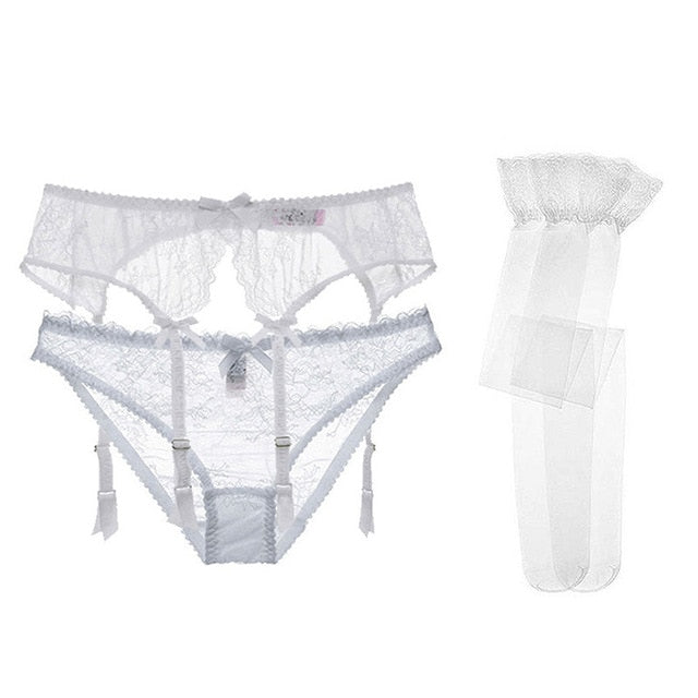 Varsbaby sexy see-through floral lace underwear 3pcs garters+panties+stockings S M L XL for ladies
