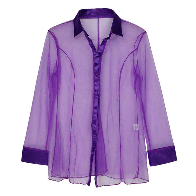 Women Shirt Sexy Lingerie Casual See Through Long Sleeve Sleep Thin Female Nightwear