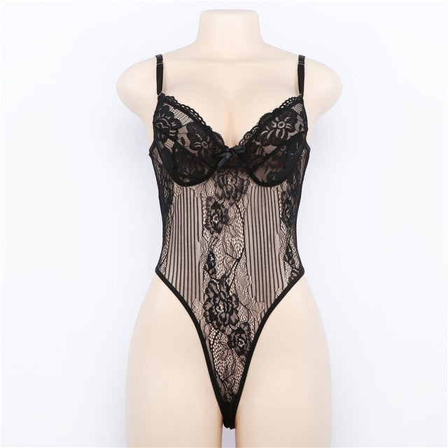 Cryptographic Black bow lace bodysuit women backless transparent sexy body jumpsuit rompers 2020 catsuit bodysuits slim overalls