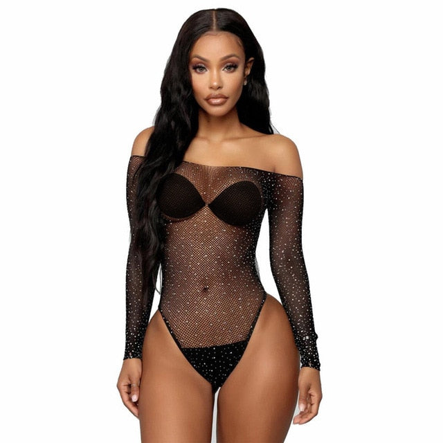 Shiny Crystal Sexy Fishnet Tights For Women Sexy Lingerie Hot Hollow Out Mesh Body Stockings Female Sexy Rhinestone Pantyhose