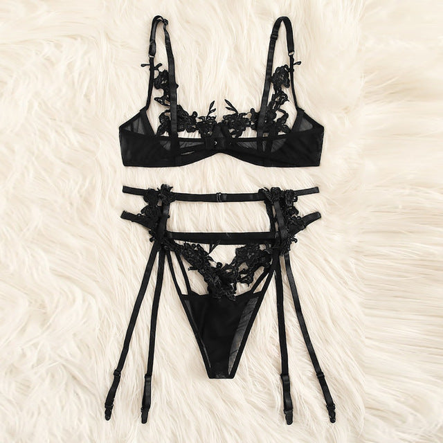 Sexy Lingerie Hot Erotic Costumes Women Flower Lace Sexy Underwear Hollow Porno Bra+Thong+Garter Lenceria Set Babydoll Sleepwear