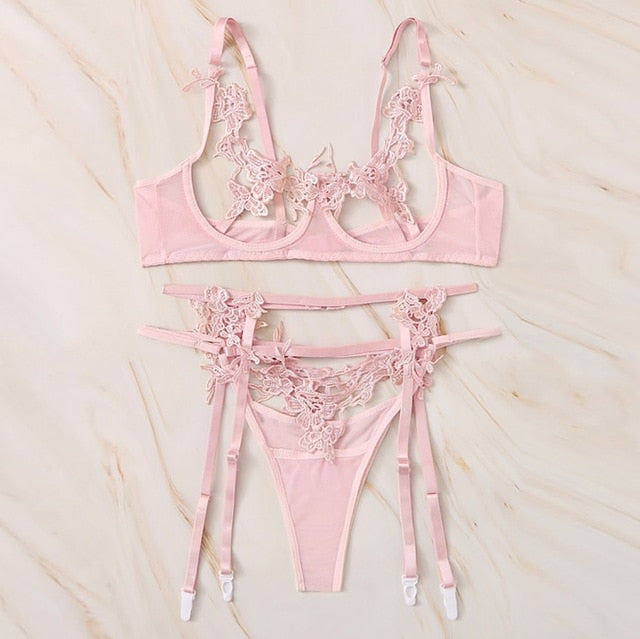 Sexy Lingerie Hot Erotic Costumes Women Flower Lace Sexy Underwear Hollow Porno Bra+Thong+Garter Lenceria Set Babydoll Sleepwear