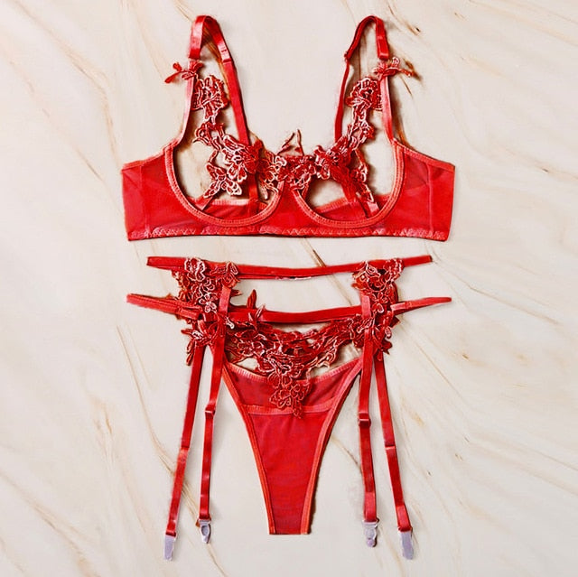 Sexy Lingerie Hot Erotic Costumes Women Flower Lace Sexy Underwear Hollow Porno Bra+Thong+Garter Lenceria Set Babydoll Sleepwear
