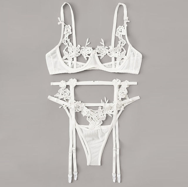 Sexy Lingerie Hot Erotic Costumes Women Flower Lace Sexy Underwear Hollow Porno Bra+Thong+Garter Lenceria Set Babydoll Sleepwear