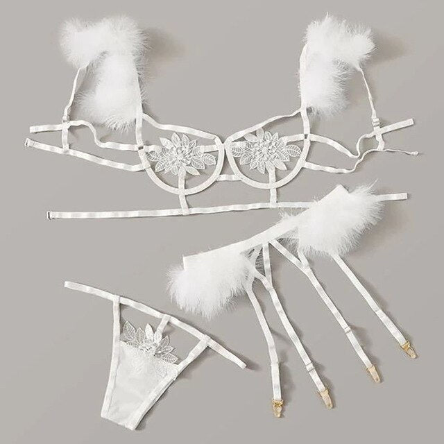 Sexy Lingerie Hot Erotic Costumes Women Flower Lace Sexy Underwear Hollow Porno Bra+Thong+Garter Lenceria Set Babydoll Sleepwear