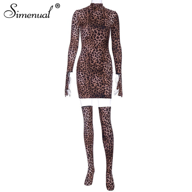 Sexy Leopard Women Mini Dress With Gloves And Stocking Party Clubwear Fashion Long Sleeve Bodycon Dresses Skinny