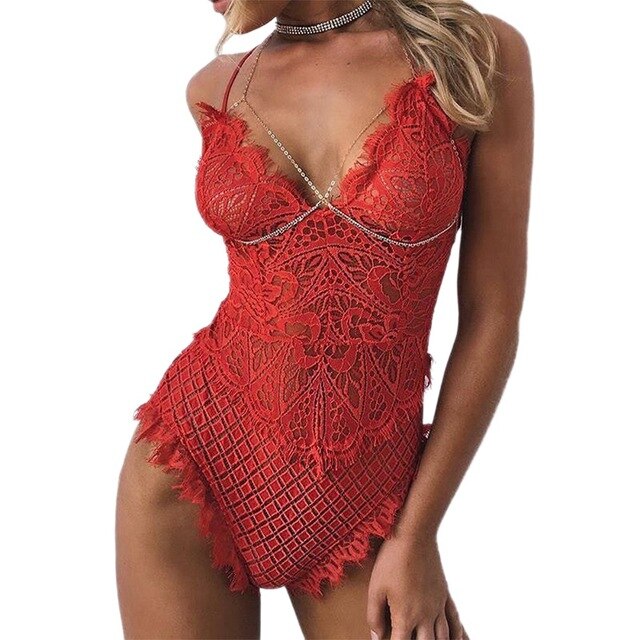 Women's Sexy Bodysuit Sexy Deep V-Neck Hollow Out Eyelash Lace Body Stocking Bodysuit