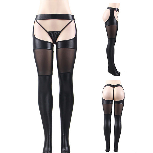 Black Faux Leather Stockings With Garter Belt Thigh High Long Red Open Crotch Sexy Stockings Women Nylon Stockings RS80565