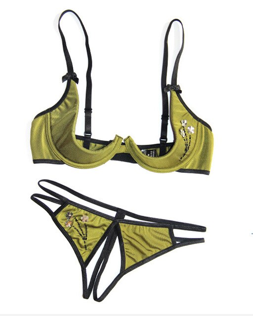 Sexy Push Up Cupless Bra Three-point Open Crotch Panties Women Beaded Underwear green Set Erotic Lingerie Nightwear Sex costumes