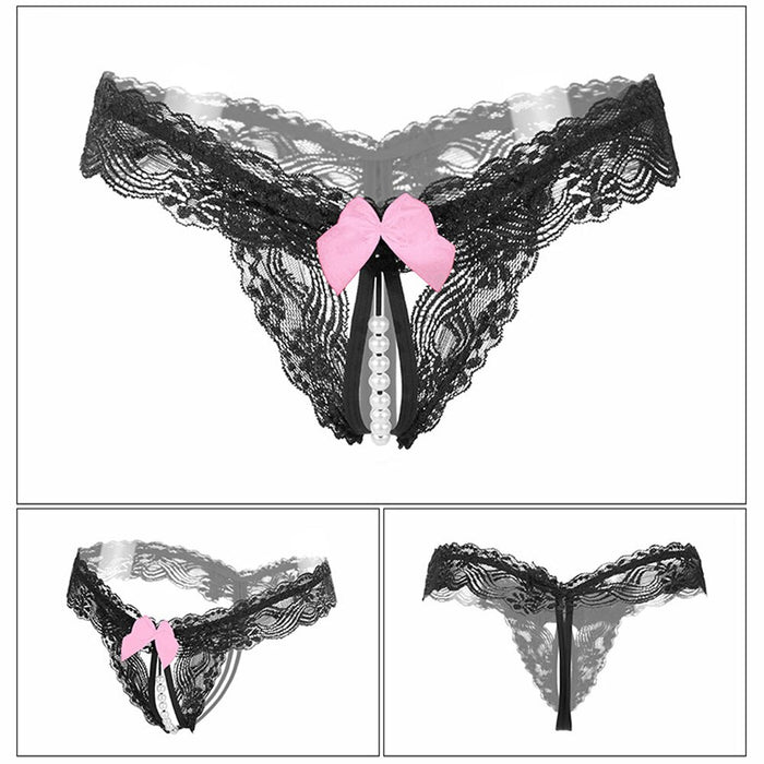 New Lace Bow Briefs Transparent Nightwear Women Thongs G Strings With Pearls Sexy Lady Panties Underwear