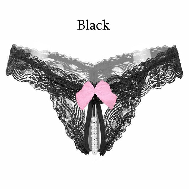 New Lace Bow Briefs Transparent Nightwear Women Thongs G Strings With Pearls Sexy Lady Panties Underwear