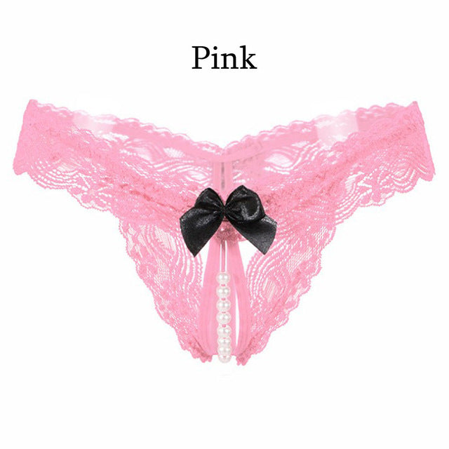New Lace Bow Briefs Transparent Nightwear Women Thongs G Strings With Pearls Sexy Lady Panties Underwear