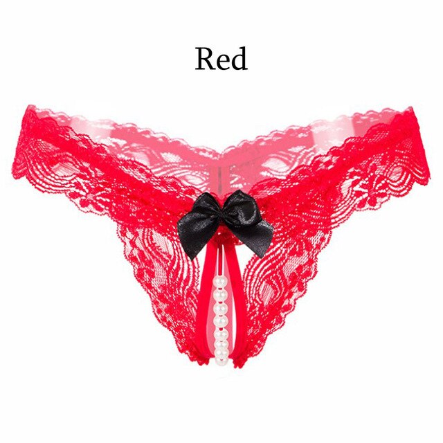 New Lace Bow Briefs Transparent Nightwear Women Thongs G Strings With Pearls Sexy Lady Panties Underwear