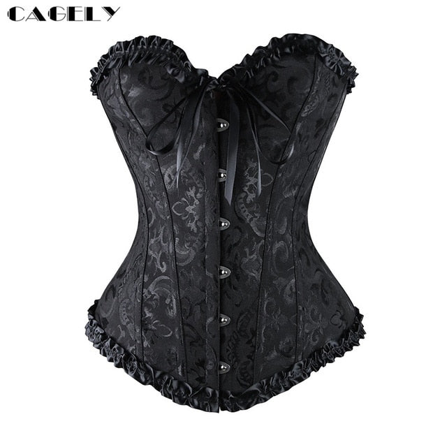 Classic Gothic Black Steampunk Corset Top Satin Dobby Lace Faux Leather Bustier Sexy Corselet Bodyshaper Clothing Plus Size