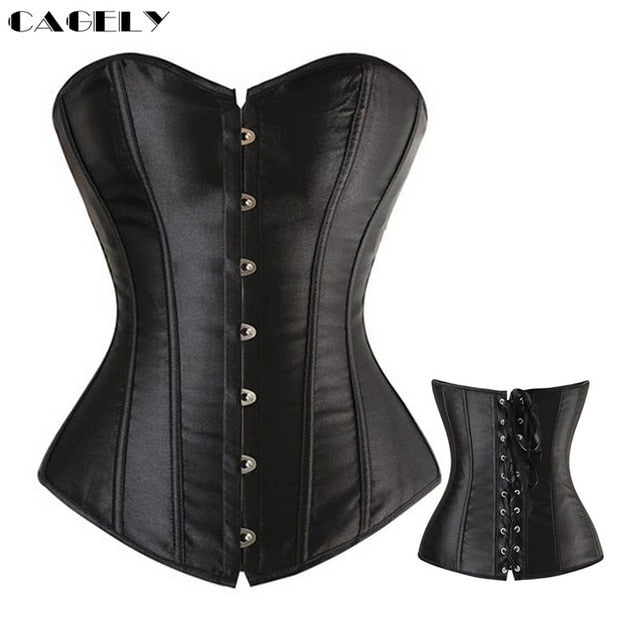 Classic Gothic Black Steampunk Corset Top Satin Dobby Lace Faux Leather Bustier Sexy Corselet Bodyshaper Clothing Plus Size