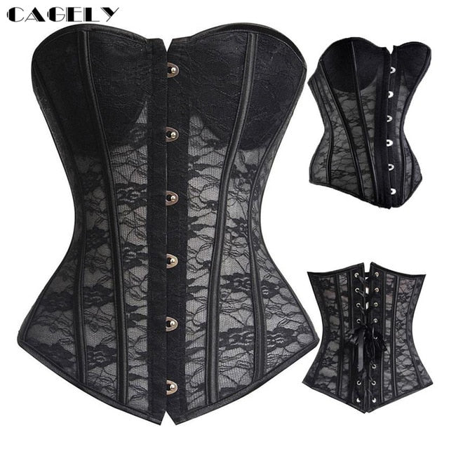 Classic Gothic Black Steampunk Corset Top Satin Dobby Lace Faux Leather Bustier Sexy Corselet Bodyshaper Clothing Plus Size