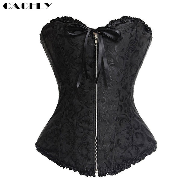 Classic Gothic Black Steampunk Corset Top Satin Dobby Lace Faux Leather Bustier Sexy Corselet Bodyshaper Clothing Plus Size