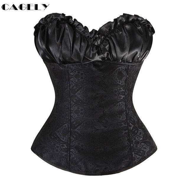 Classic Gothic Black Steampunk Corset Top Satin Dobby Lace Faux Leather Bustier Sexy Corselet Bodyshaper Clothing Plus Size