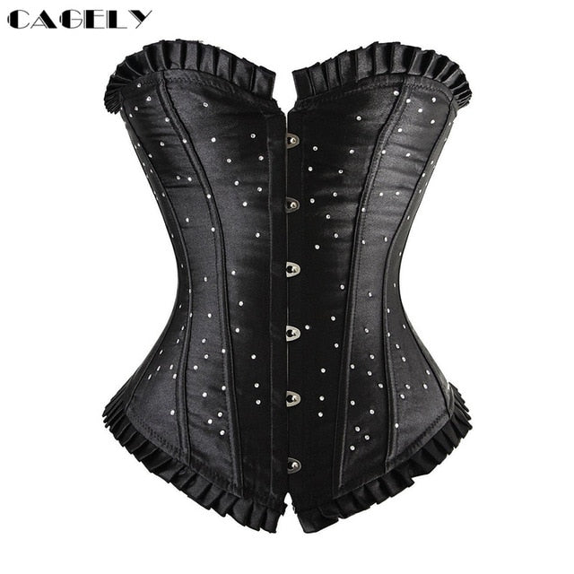 Classic Gothic Black Steampunk Corset Top Satin Dobby Lace Faux Leather Bustier Sexy Corselet Bodyshaper Clothing Plus Size
