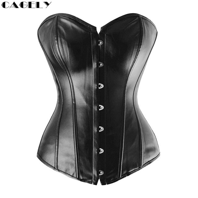 Classic Gothic Black Steampunk Corset Top Satin Dobby Lace Faux Leather Bustier Sexy Corselet Bodyshaper Clothing Plus Size