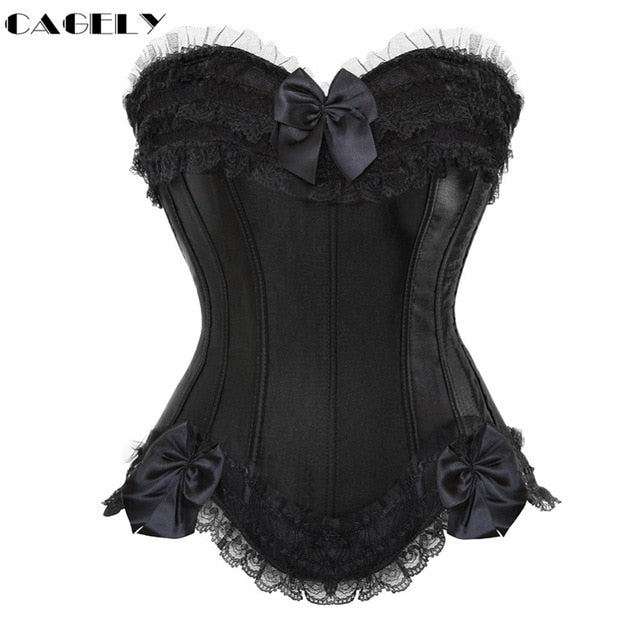 Classic Gothic Black Steampunk Corset Top Satin Dobby Lace Faux Leather Bustier Sexy Corselet Bodyshaper Clothing Plus Size