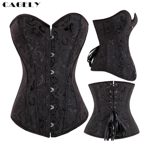 Classic Gothic Black Steampunk Corset Top Satin Dobby Lace Faux Leather Bustier Sexy Corselet Bodyshaper Clothing Plus Size
