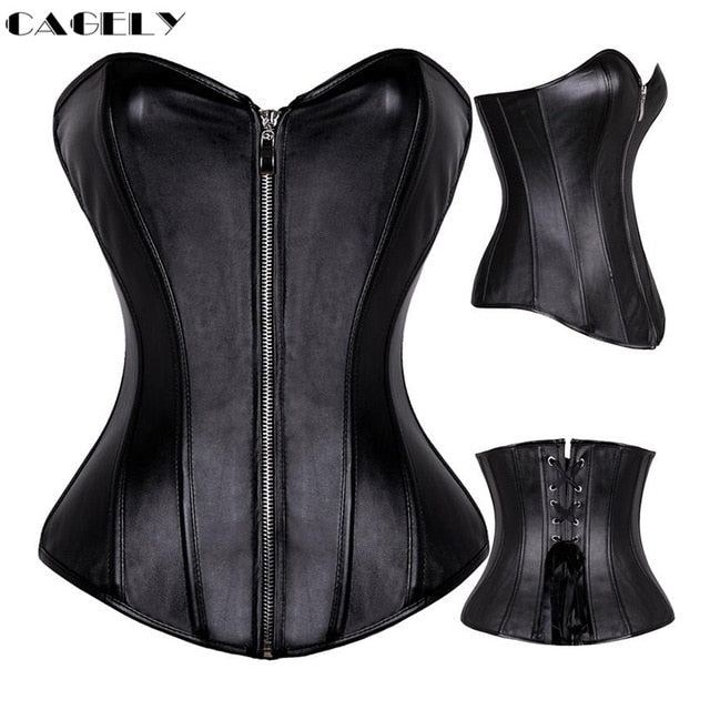 Classic Gothic Black Steampunk Corset Top Satin Dobby Lace Faux Leather Bustier Sexy Corselet Bodyshaper Clothing Plus Size