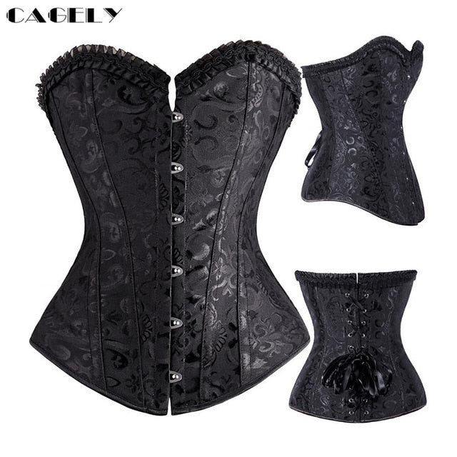 Classic Gothic Black Steampunk Corset Top Satin Dobby Lace Faux Leather Bustier Sexy Corselet Bodyshaper Clothing Plus Size