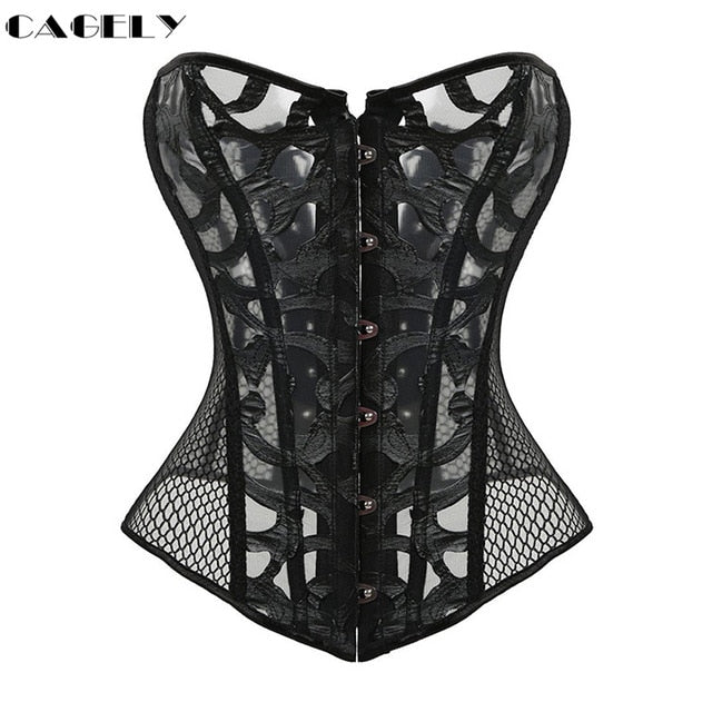 Classic Gothic Black Steampunk Corset Top Satin Dobby Lace Faux Leather Bustier Sexy Corselet Bodyshaper Clothing Plus Size