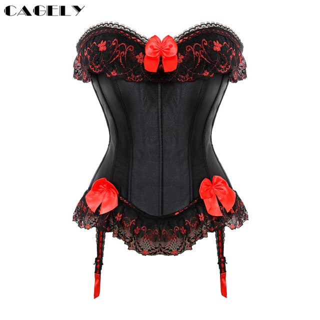 Classic Gothic Black Steampunk Corset Top Satin Dobby Lace Faux Leather Bustier Sexy Corselet Bodyshaper Clothing Plus Size