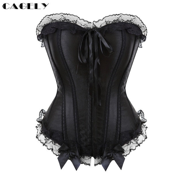 Classic Gothic Black Steampunk Corset Top Satin Dobby Lace Faux Leather Bustier Sexy Corselet Bodyshaper Clothing Plus Size