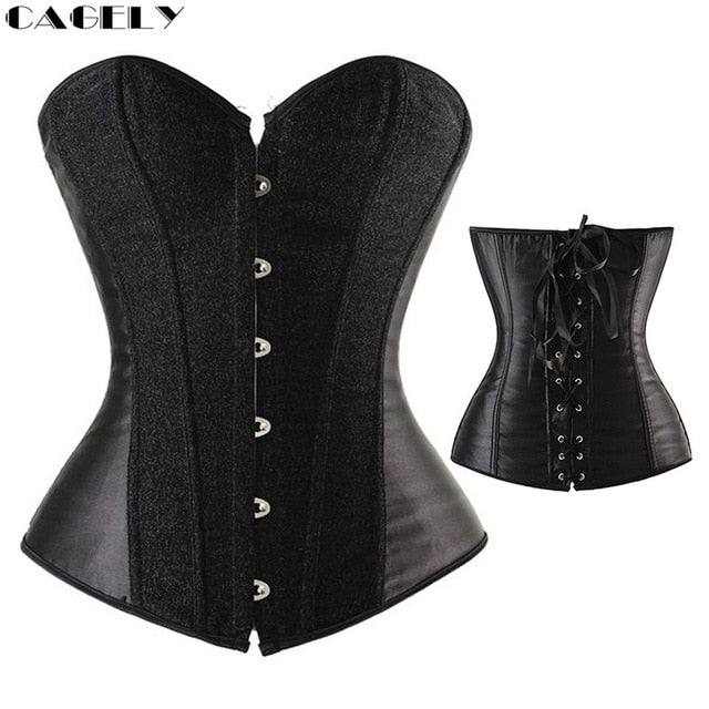 Classic Gothic Black Steampunk Corset Top Satin Dobby Lace Faux Leather Bustier Sexy Corselet Bodyshaper Clothing Plus Size