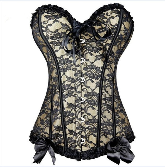 New Sexy Gothic Satin Lingerie Lace Corset Top + G-string + Skirt Bustier Mini Tutu Wedding Dress Costume Black Corset S-6XL