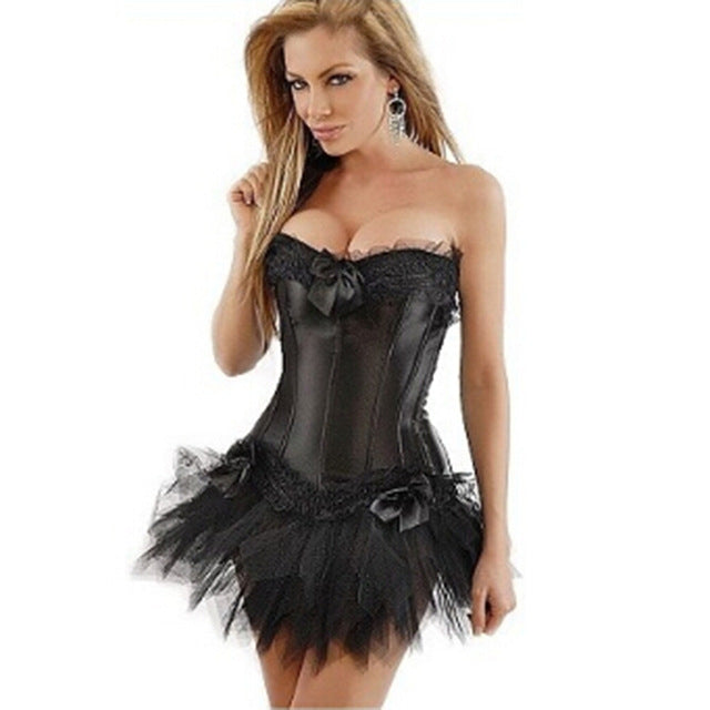 New Sexy Gothic Satin Lingerie Lace Corset Top + G-string + Skirt Bustier Mini Tutu Wedding Dress Costume Black Corset S-6XL