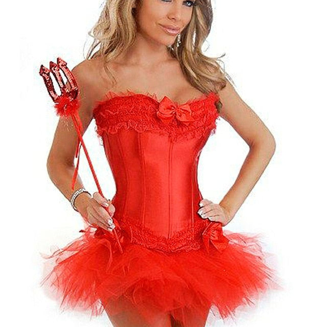 New Sexy Gothic Satin Lingerie Lace Corset Top + G-string + Skirt Bustier Mini Tutu Wedding Dress Costume Black Corset S-6XL