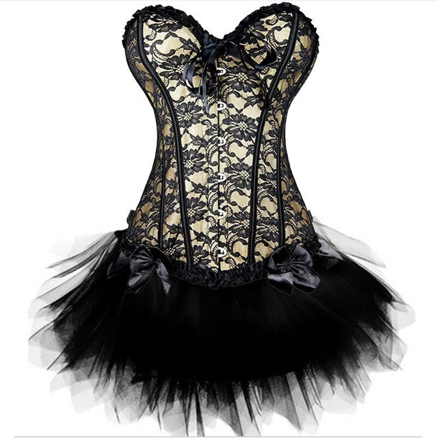 New Sexy Gothic Satin Lingerie Lace Corset Top + G-string + Skirt Bustier Mini Tutu Wedding Dress Costume Black Corset S-6XL