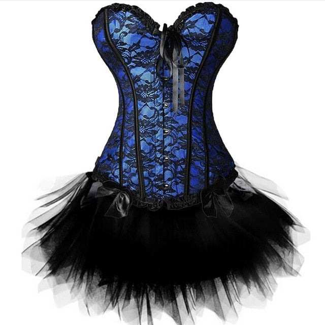 New Sexy Gothic Satin Lingerie Lace Corset Top + G-string + Skirt Bustier Mini Tutu Wedding Dress Costume Black Corset S-6XL