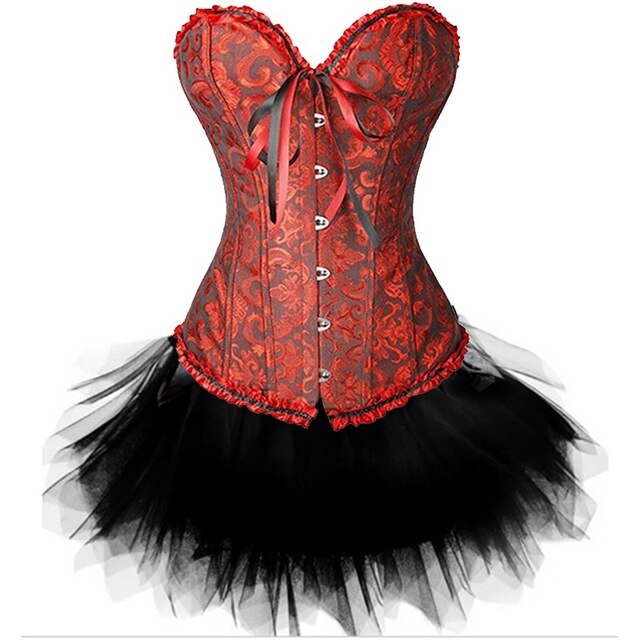 New Sexy Gothic Satin Lingerie Lace Corset Top + G-string + Skirt Bustier Mini Tutu Wedding Dress Costume Black Corset S-6XL