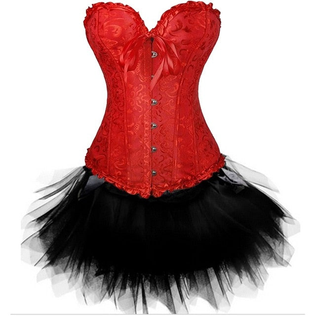 New Sexy Gothic Satin Lingerie Lace Corset Top + G-string + Skirt Bustier Mini Tutu Wedding Dress Costume Black Corset S-6XL